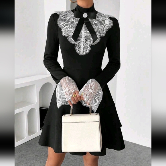 WomenLacePatchworkLongSleeve Cinched Waist Ruffle Decor Bow Accent Elegant Dress - Picture 1 of 5